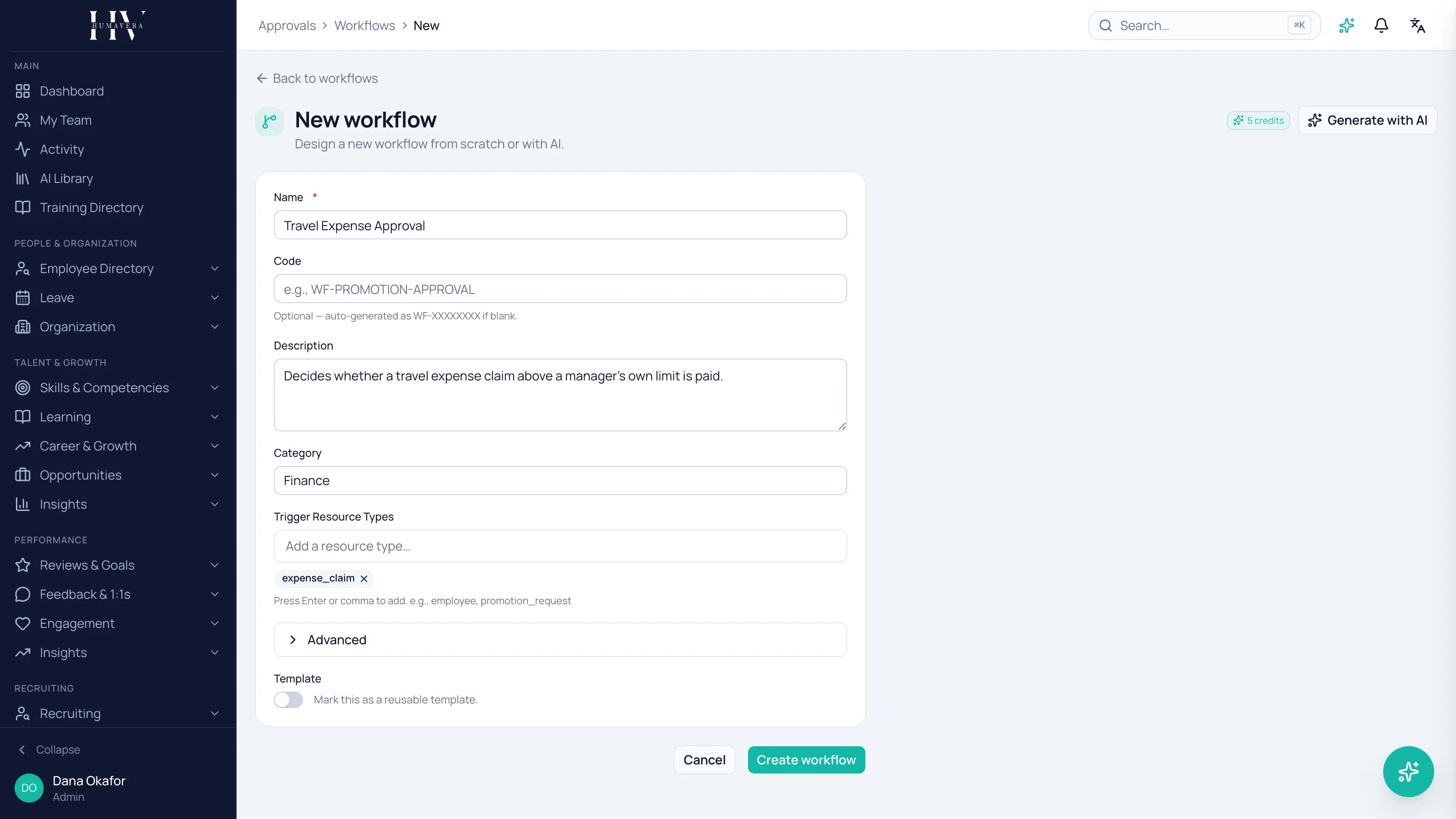 The New workflow form filled in with the name Travel Expense Approval, a description of what it decides, the Finance category, and expense_claim added as a trigger resource type.
