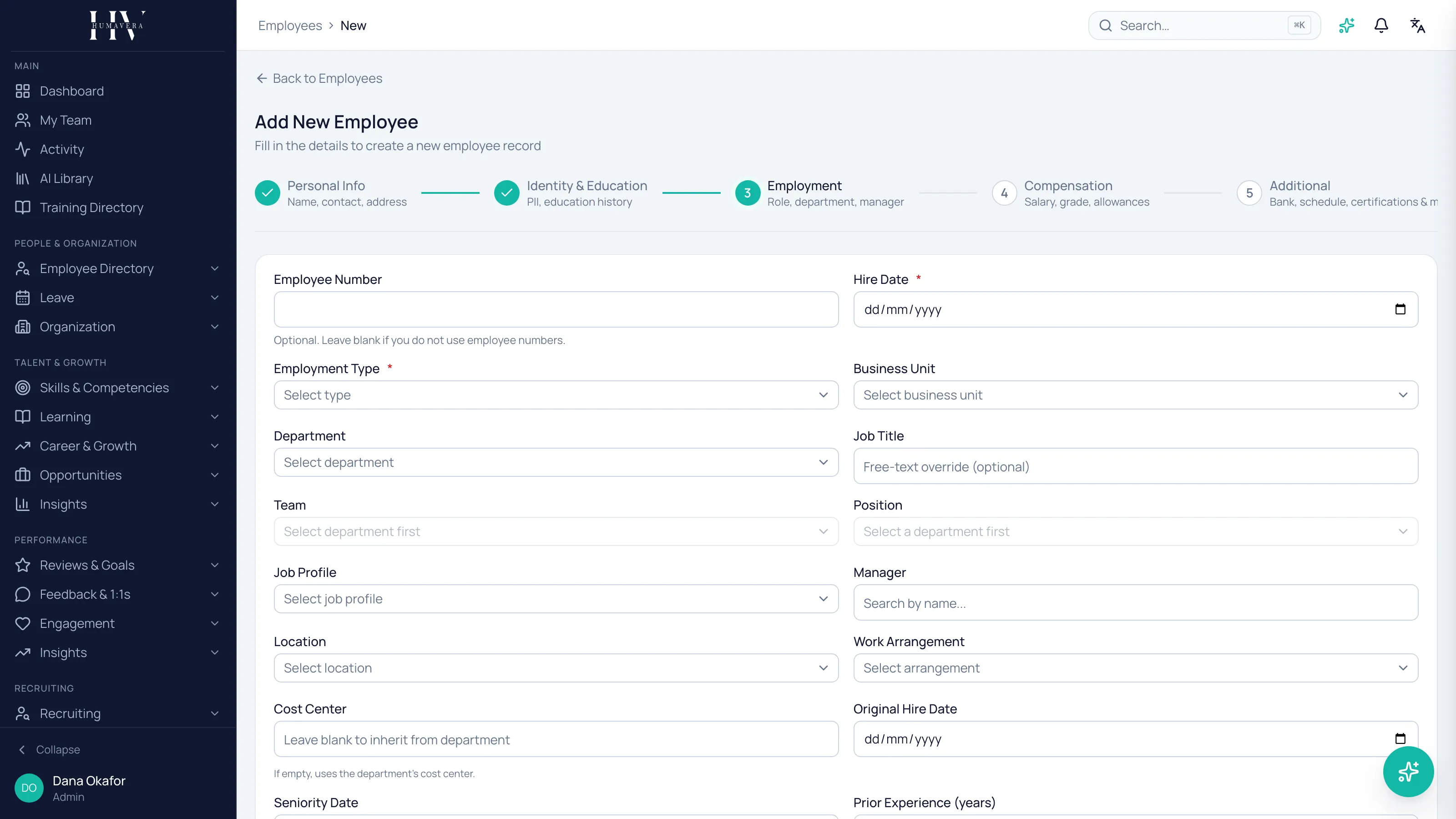 The Add New Employee wizard on step three, Employment, with the stepper across the top showing Personal Info and Identity & Education already complete.