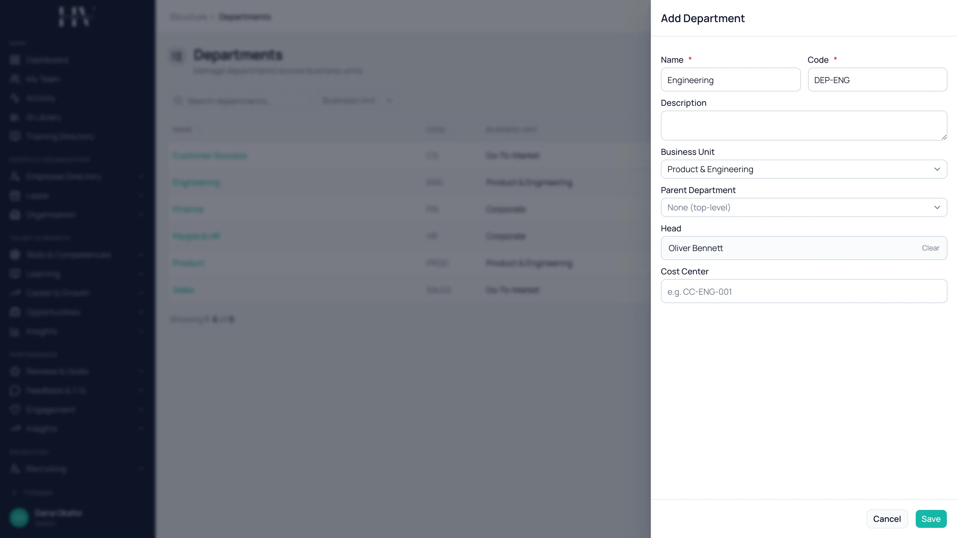 The Add Department form filled in with the name Engineering, the code DEP-ENG, the Product & Engineering business unit, and Oliver Bennett chosen as Head.