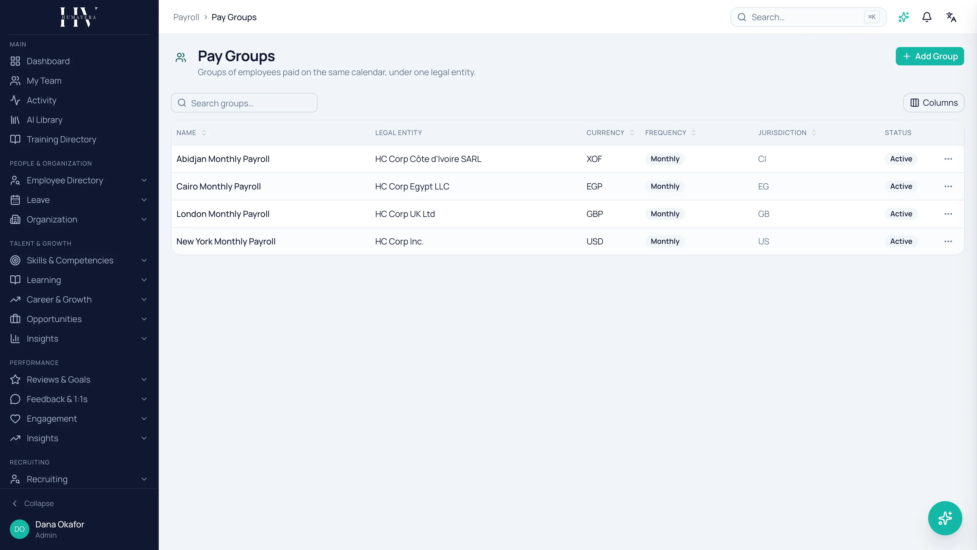 The Pay Groups list with four monthly groups, each bound to a different legal entity and carrying its own currency and jurisdiction — Abidjan in XOF, Cairo in EGP, London in GBP and New York in USD.