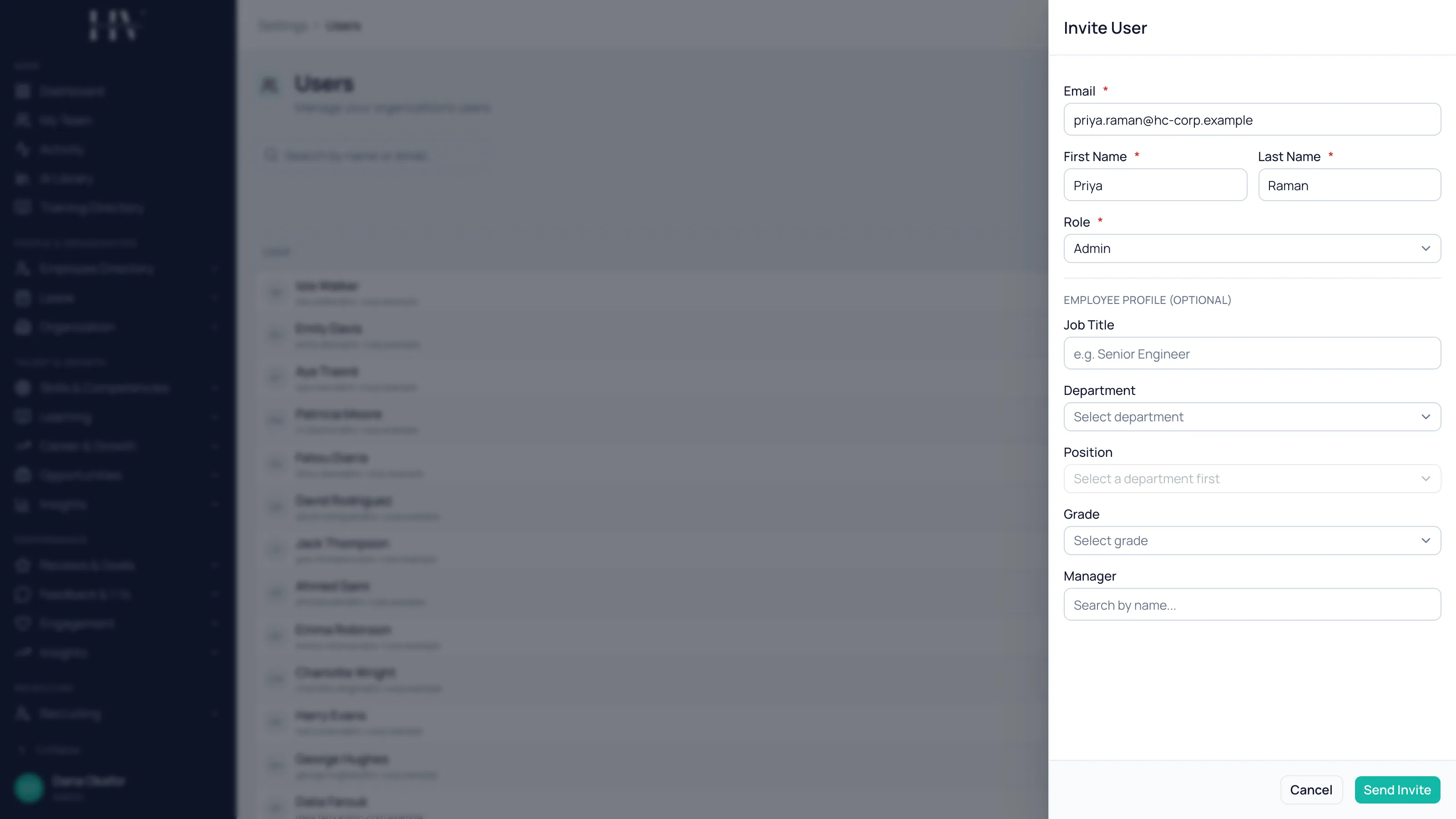 The Invite User dialog with an email address, a first and last name, and the Admin role selected — filled in but not yet sent.
