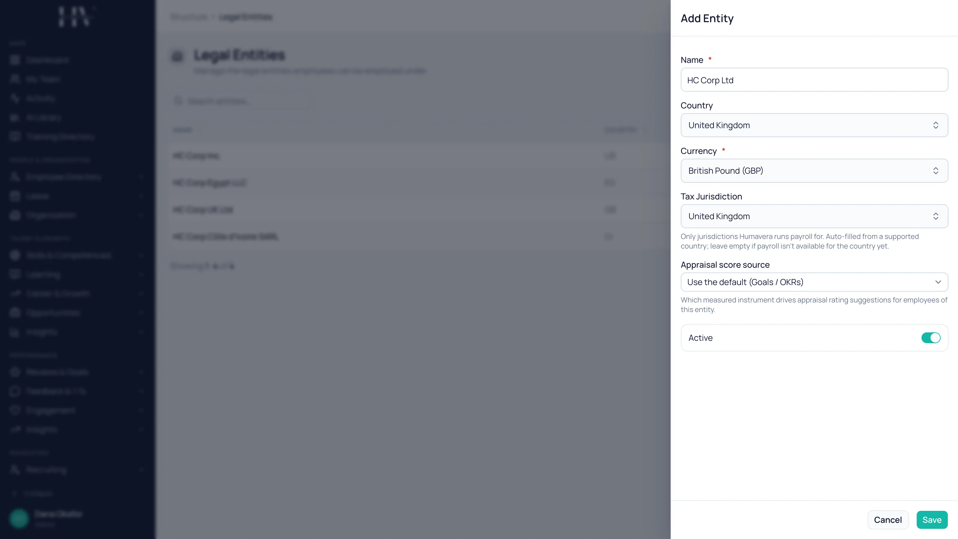 The Add Entity form filled in with the name HC Corp UK Ltd, country United Kingdom, currency British Pound (GBP) and tax jurisdiction United Kingdom, with Active switched on and the record not yet saved.