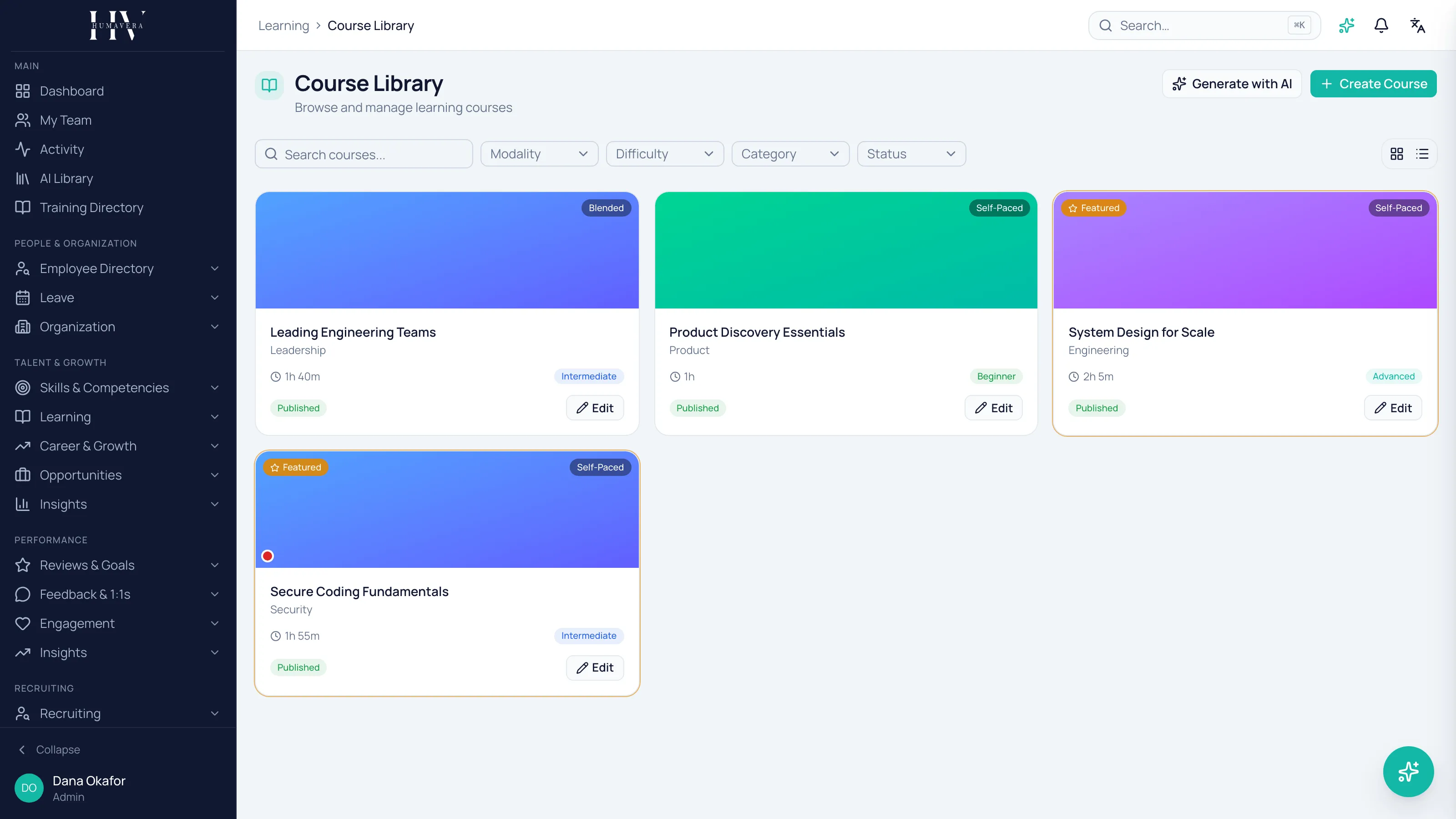The course library listing four published courses — Leading Engineering Teams, Product Discovery Essentials, System Design for Scale and Secure Coding Fundamentals — each card carrying its category, duration and difficulty.