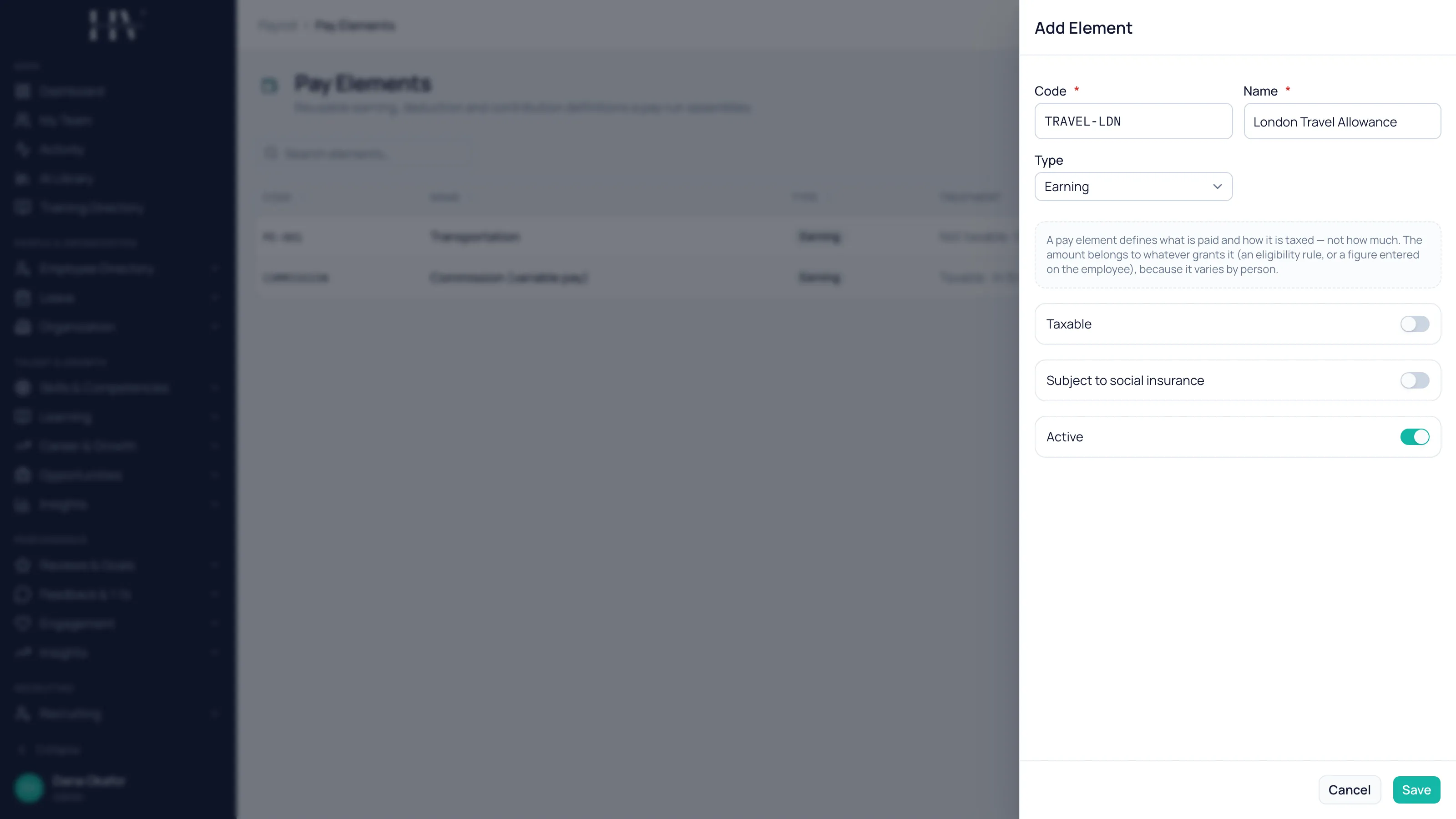 The Add Element form with the code TRAVEL-LDN, the name London Travel Allowance and the type Earning, showing the Taxable and Subject to social insurance switches that decide how the element is treated.
